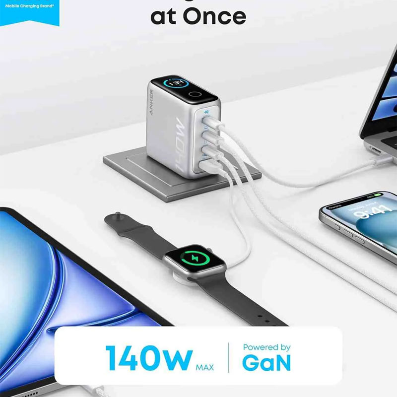 Anker Zolo 140W 4-Port Multi Device Charging GaN Power Adapter With Type-C Cable