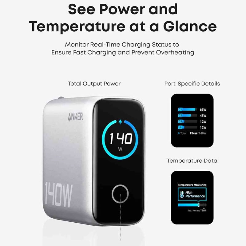 Anker Zolo 140W 4-Port Multi Device Charging GaN Power Adapter With Type-C Cable
