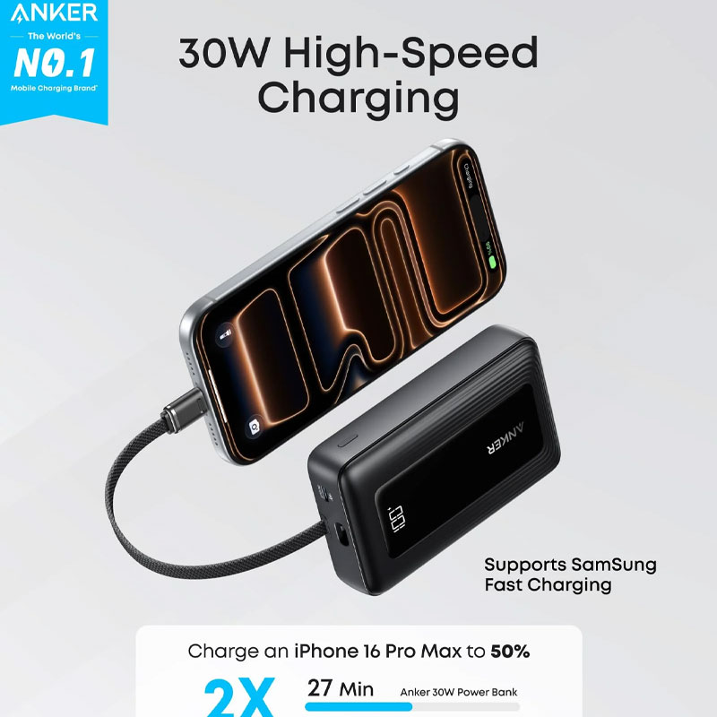 Anker Zolo 30w 10000mAh Power Bank Built-In USB-C Cable