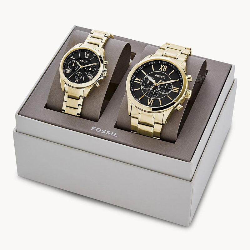 Fossil His and Her Chronograph Gold-Tone Stainless Steel Watch (BQ2400SET)