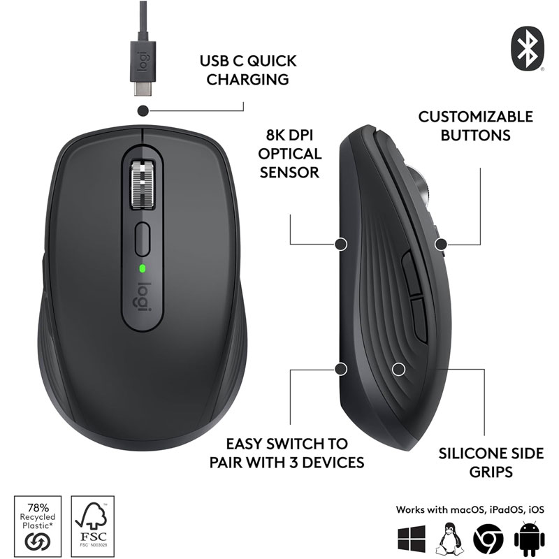 Logitech MX Anywhere 3S Rechargeable Compact Wireless Mouse